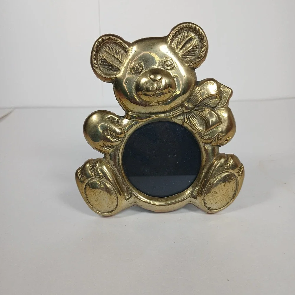 Vintage Brass Teddy Bear Photo Frame Baby Shower Gift Picture Nursery Cottage